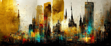Generative AI, Colorful and golden watercolor abstract cityscape painted background. Ink street graffiti art on a textured paper vintage background, washes and brush strokesの素材