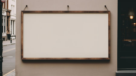 Generative AI, coffee shop street poster or signboard mock up for logo design, brand presentation, aesthetic muted neutral colors, on the wall outdoorの素材