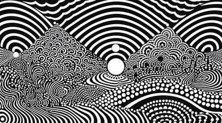 Generative AI, surreal black and white background, abstract optical illusion, trippy psychedelic vintage mid century modern geometric patternの素材
