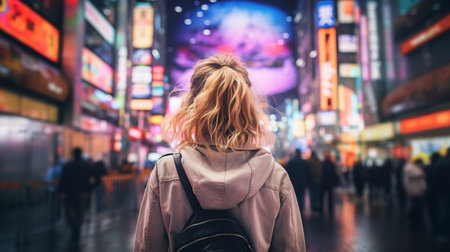 Generative AI, beautiful girl on night of the neon street of Japan, cyberpunk styleの素材
