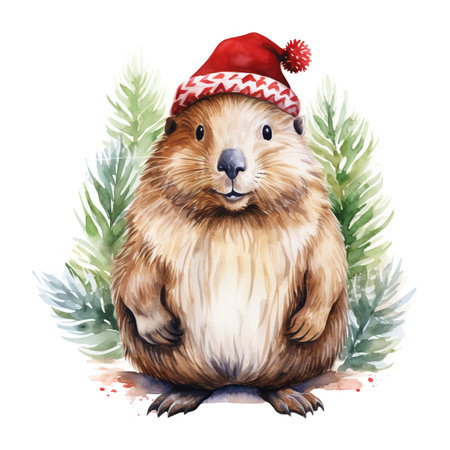 Generative AI, cute beaver animal, pet in Christmas hat and ugly sweaters, watercolor style.の素材