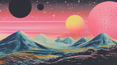 Generative AI, Vintage risograph collage of alien planet in space, pastel halftone, geometric shapes, abstract grain textureの素材