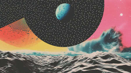 Generative AI, Vintage risograph collage of alien planet in space, pastel halftone, geometric shapes, abstract grain textureの素材