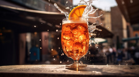 Generative AI, glass of Aperol Spritz on wooden table with blur background with lights of street bar, cafe or restaurantの素材