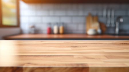 Generative AI, empty wooden tabletop on blurred modern kitchen background with copy spaceの素材
