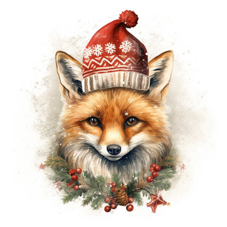 Generative AI, cute wild fox animal, Christmas hat and ugly sweaters, watercolor style.の素材