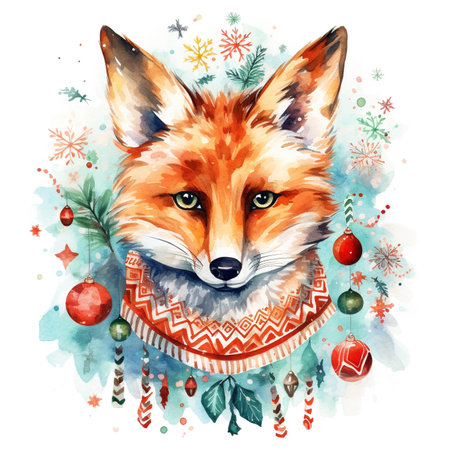 Generative AI, cute wild fox animal, Christmas hat and ugly sweaters, watercolor style.の素材