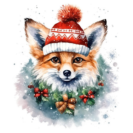Generative AI, cute wild fox animal, Christmas hat and ugly sweaters, watercolor style.の素材