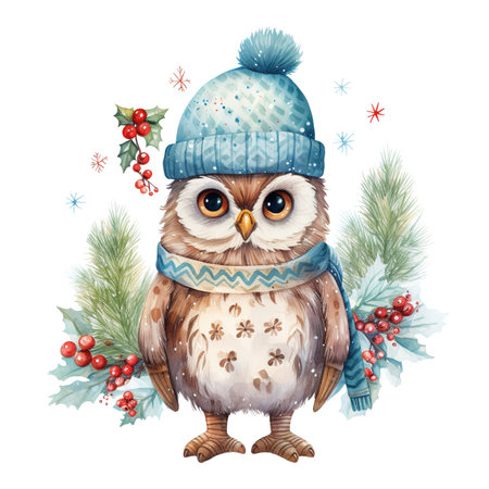 Generative AI, cute wild owl bird, Christmas hat and ugly sweaters, watercolor style.の素材