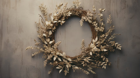 Generative AI, Close up Christmas wreath, dried branches, red berries, pine, balls and flowers on dark moody floral textured background.の素材