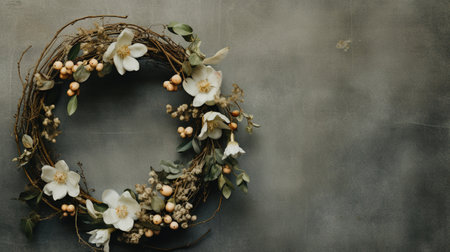 Generative AI, Close up Christmas wreath, dried branches, red berries, pine, balls and flowers on dark moody floral textured background.の素材
