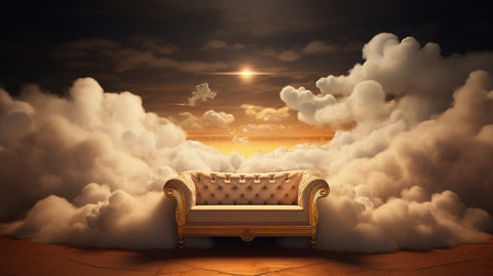 Generative AI, Golden and white fantastic 3d clouds with sofa in the sky. Gentle colors and with bright lights.の素材