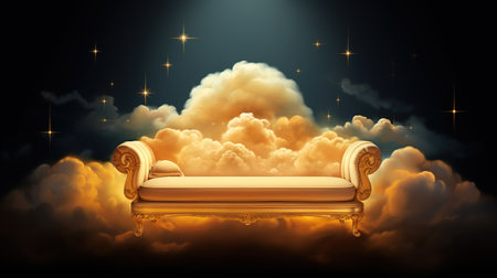 Generative AI, Golden and white fantastic 3d clouds with sofa in the sky. Gentle colors and with bright lights.の素材