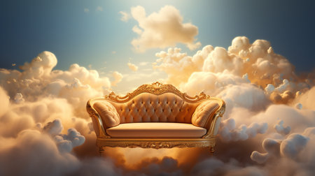Generative AI, Golden and white fantastic 3d clouds with sofa in the sky. Gentle colors and with bright lights.の素材