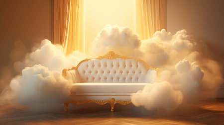 Generative AI, Golden and white fantastic 3d clouds with sofa in the sky. Gentle colors and with bright lights.の素材
