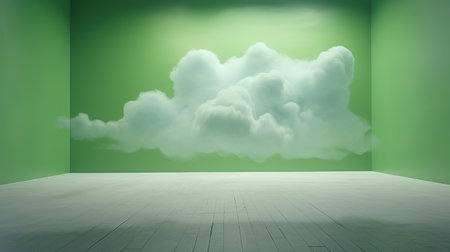 Generative AI, Green fantastic 3d clouds in the room interior, sky and landscape. Gentle colors and with bright lights.の素材