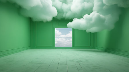 Generative AI, Green fantastic 3d clouds in the room interior, sky and landscape. Gentle colors and with bright lights.の素材