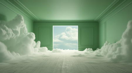 Generative AI, Green fantastic 3d clouds in the room interior, sky and landscape. Gentle colors and with bright lights.の素材