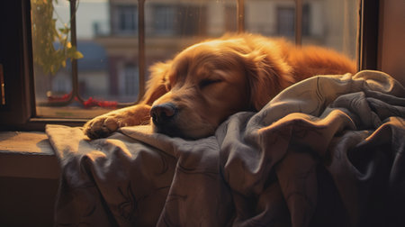Generative AI, cute dog sleeping on cozy warm blanket near the window, hygge styleの素材