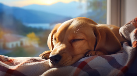 Generative AI, cute dog sleeping on cozy warm blanket near the window, hygge styleの素材