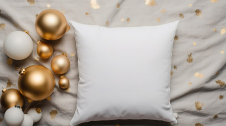 Generative AI, White pillow mockup on Christmas background with holiday decoration, copy spaceの素材