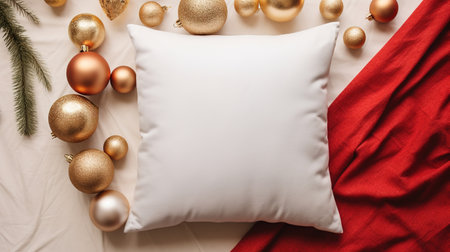 Generative AI, White pillow mockup on Christmas background with holiday decoration, copy spaceの素材