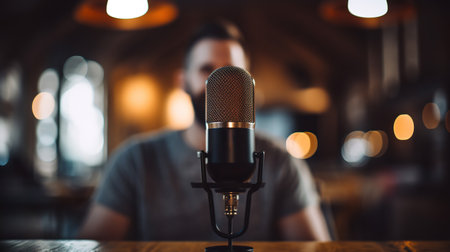 Generative AI, Microphone for podcast, man recording audio, host streaming, blurred backgroundの素材