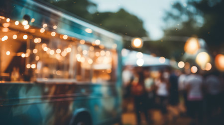Generative AI, Food truck street festival, blurred lights background, atmospheric bokeh, muted colorsの素材