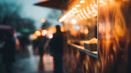 Generative AI, Food truck street festival, blurred lights background, atmospheric bokeh, muted colorsの素材