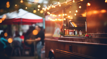 Generative AI, Food truck street festival, blurred lights background, atmospheric bokeh, muted colorsの素材