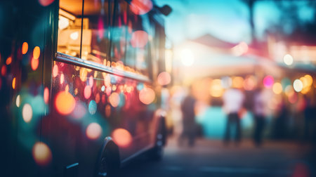 Generative AI, Food truck street festival, blurred lights background, atmospheric bokeh, muted colorsの素材