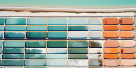Generative AI, Salt farm landscape, photorealistic top view drone, horizontal banner. Extraction of salt from sea waterの素材