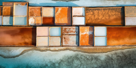 Generative AI, Salt farm landscape, photorealistic top view drone, horizontal banner. Extraction of salt from sea waterの素材