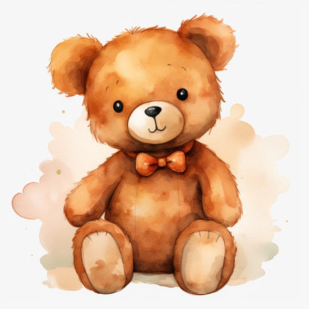 Generative AI, super cute brown teddy bear watercolor isolated on white backgroundの素材