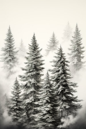 Generative AI, Watercolor fir tree forest for print poster, foggy forest landscapeの素材