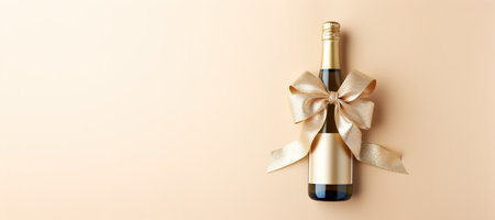 Generative AI, Beige champagne bottle mockup with bow on beige backgroundの素材