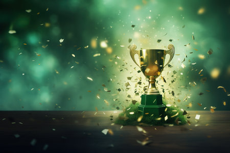 Generative AI, Winner trophy, green golden champion award cup with falling confetti on green background.の素材