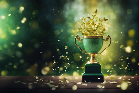 Generative AI, Winner trophy, green golden champion award cup with falling confetti on green background.の素材