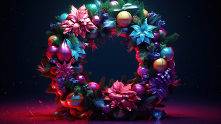 Generative AI, Christmas wreath in cyberpunk style, futuristic nostalgic 80s, 90s. Neon lights vibrant colors.の素材