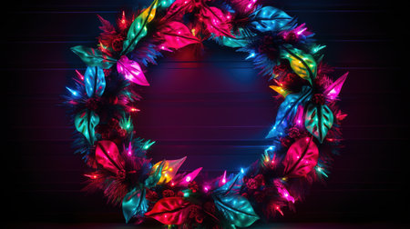 Generative AI, Christmas wreath in cyberpunk style, futuristic nostalgic 80s, 90s. Neon lights vibrant colors.の素材