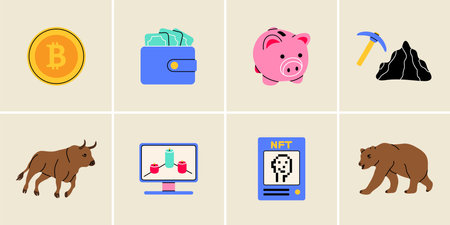 Set of crypto icons element in modern flat line style. Hand drawn vector illustration of cryptocurrency, payment, financial, coin, virtual bank cartoon design. Simple badge, emblem, logo, decoration.のイラスト素材