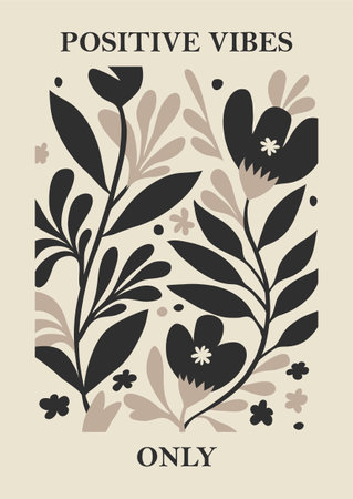 Botanical Matisse inspired flower wall art posters, brochure, flyer templates, contemporary collage. Organic shapes, line floral pattern with positive quote, hand drawn design, simple wallpaper.のイラスト素材