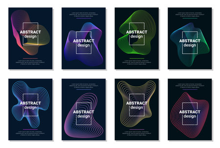 Vector set of 8 abstract brochures, covers, flyer templates with dynamic amorphous flowing gradient particle water curve waves and modern organic line. Retro futurism geometric, cyberpunk, technology.のイラスト素材