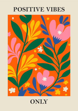 Botanical Matisse inspired flower wall art posters, brochure, flyer templates, contemporary collage. Organic shapes, line floral pattern with positive quote, hand drawn design, simple wallpaper.のイラスト素材