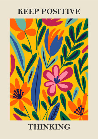 Botanical Matisse inspired flower wall art posters, brochure, flyer templates, contemporary collage. Organic shapes, line floral pattern with positive quote, Keep positive thinkingのイラスト素材