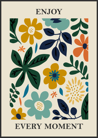 Botanical Matisse inspired flower wall art posters, brochure, flyer templates, contemporary collage. Organic shapes, line floral pattern with positive quote, hand drawn design, simple wallpaper.のイラスト素材