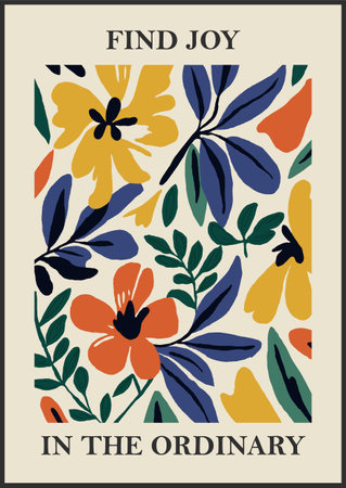 Botanical Matisse inspired flower wall art posters, brochure, flyer templates, contemporary collage. Organic shapes, line floral pattern with positive quote, Find joy in the ordinary..のイラスト素材