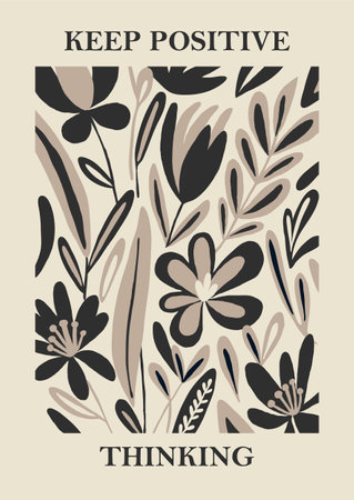 Botanical Matisse inspired flower wall art posters, brochure, flyer templates, contemporary collage. Organic shapes, line floral pattern with positive quote, Keep positive thinkingのイラスト素材