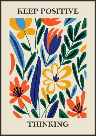 Botanical Matisse inspired flower wall art posters, brochure, flyer templates, contemporary collage. Organic shapes, line floral pattern with positive quote, Keep positive thinkingのイラスト素材