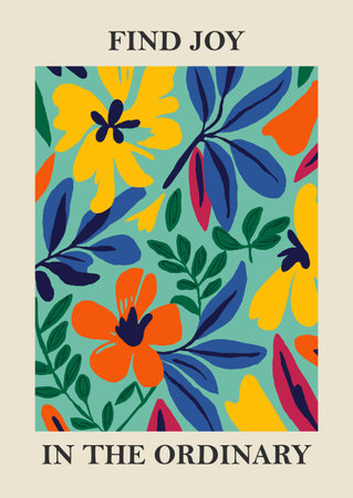 Botanical Matisse inspired flower wall art posters, brochure, flyer templates, contemporary collage. Organic shapes, line floral pattern with positive quote, Find joy in the ordinary..のイラスト素材